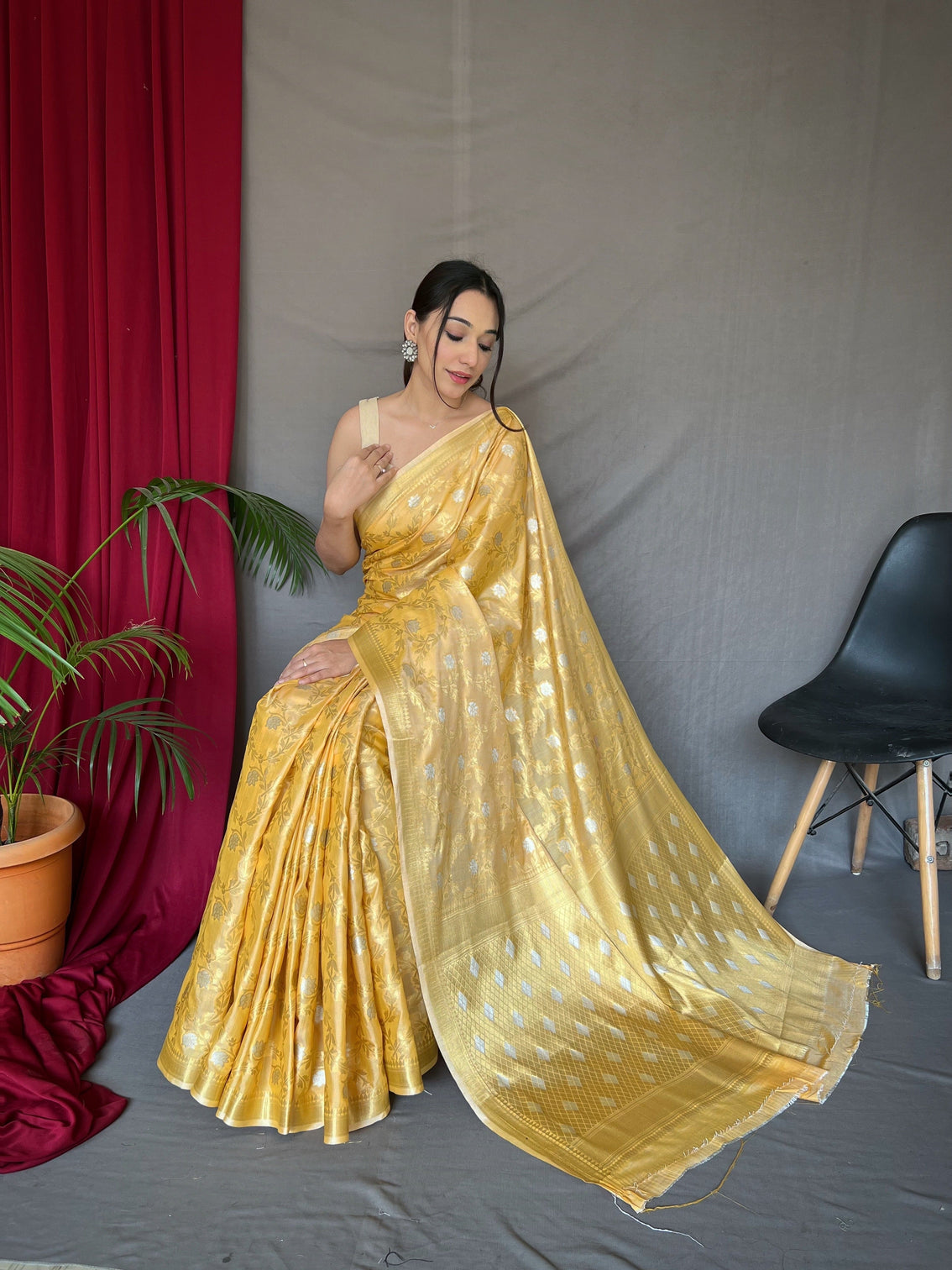 Yellow Saree In Cotton With Rose Gold Woven