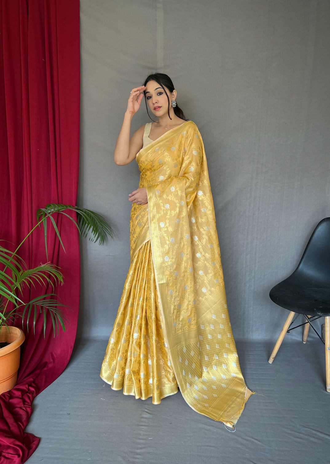Yellow Saree In Cotton With Rose Gold Woven