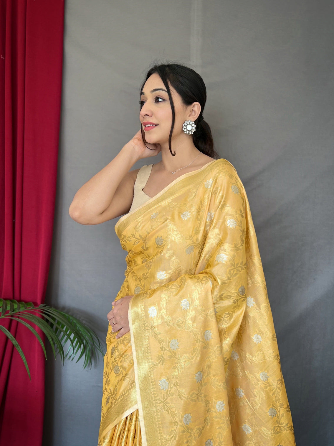 Yellow Saree In Cotton With Rose Gold Woven