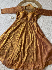 Antique gold space silk anarkali gown with moti handwork