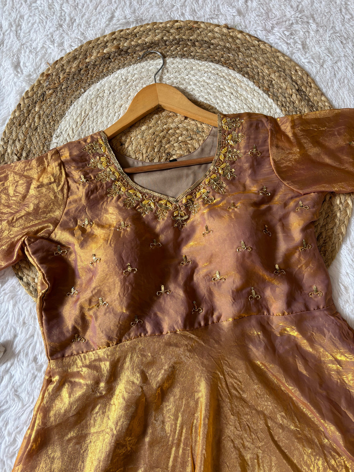 Antique gold space silk anarkali gown with moti handwork