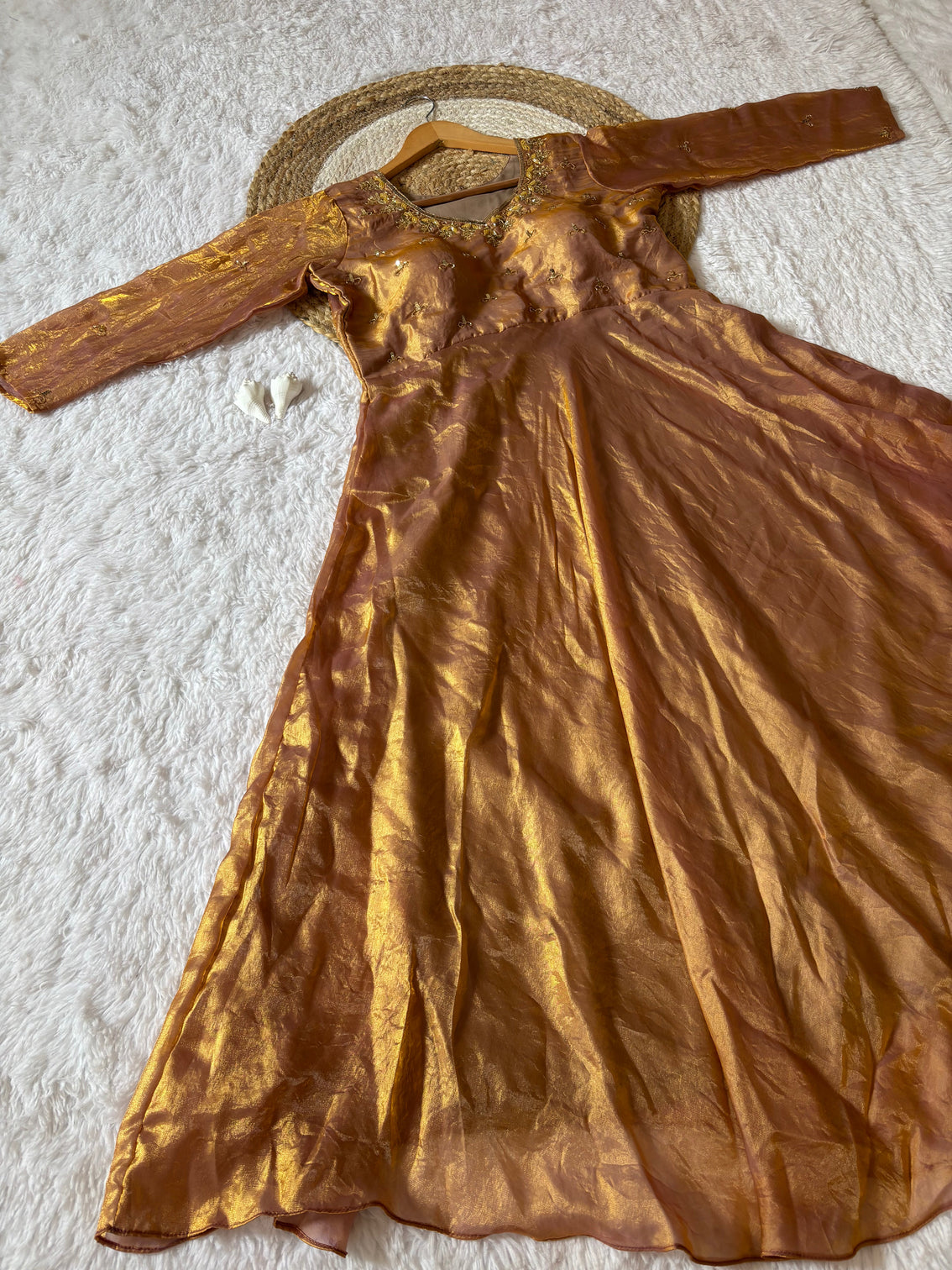 Antique gold space silk anarkali gown with moti handwork