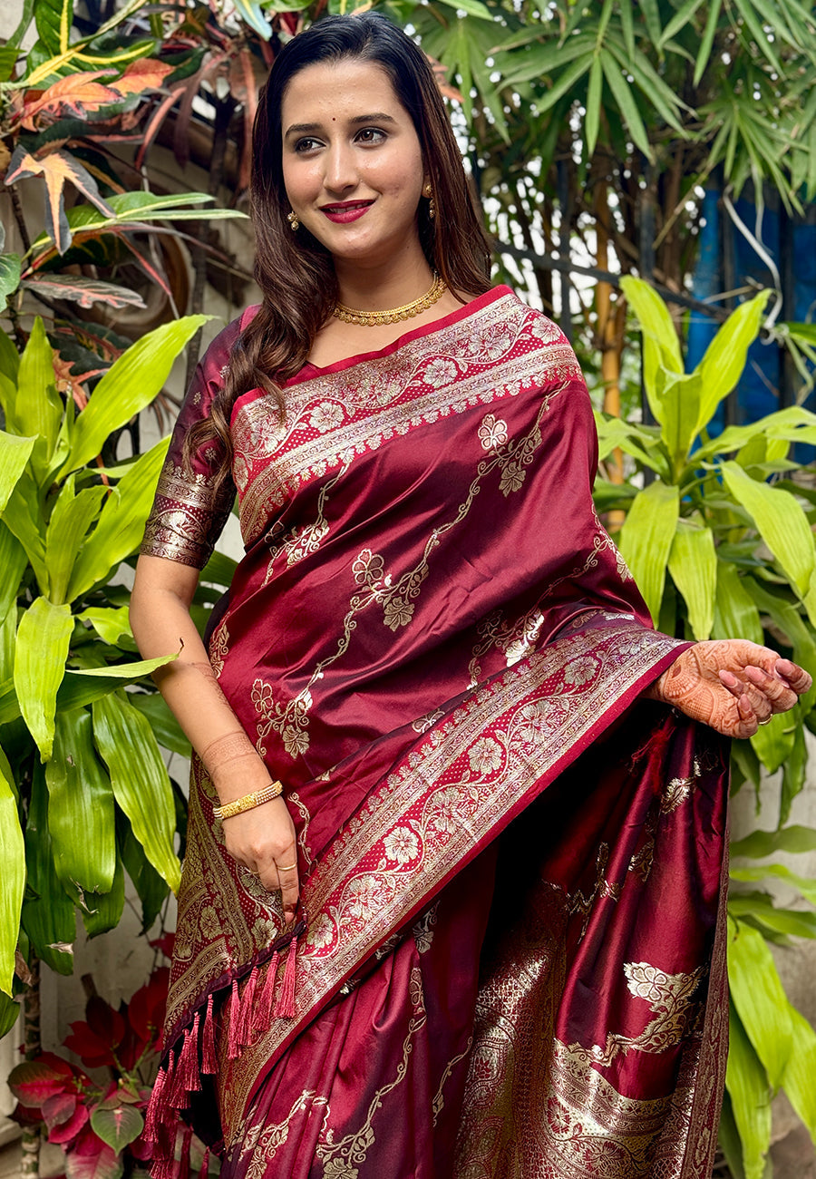Maroon banarasi jaal soft silk zari woven saree