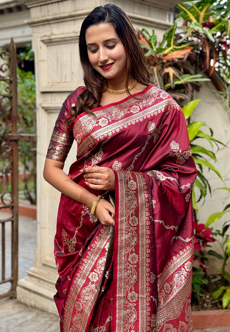 Maroon banarasi jaal soft silk zari woven saree