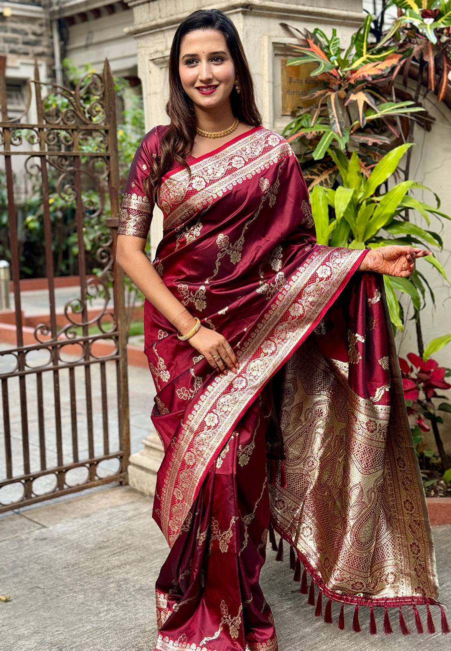 Maroon banarasi jaal soft silk zari woven saree
