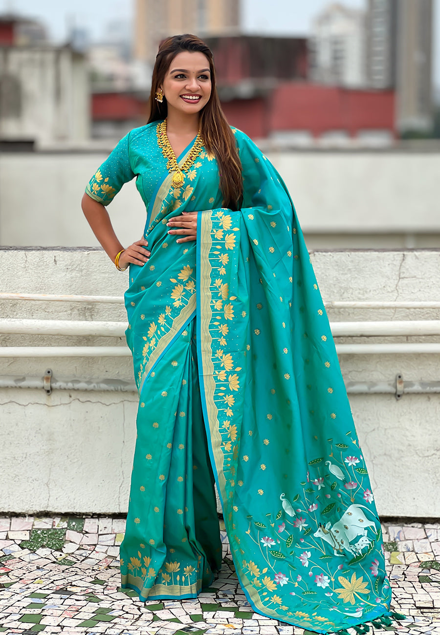 Aqua Blue Zari Woven Pichwai Silk Saree