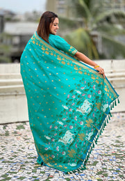 Aqua Blue Zari Woven Pichwai Silk Saree