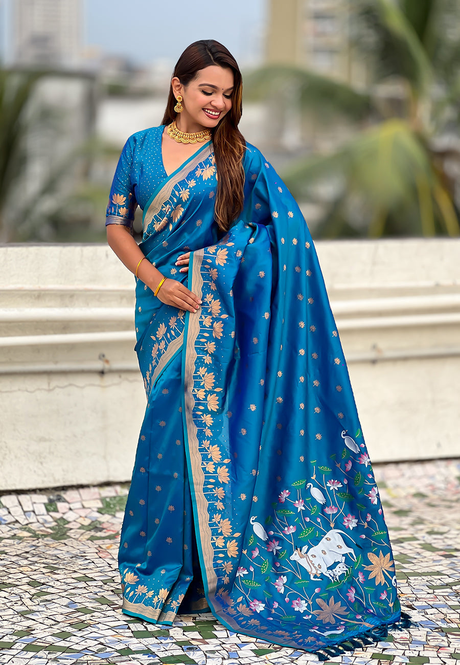 Blue zari woven pichwai silk saree