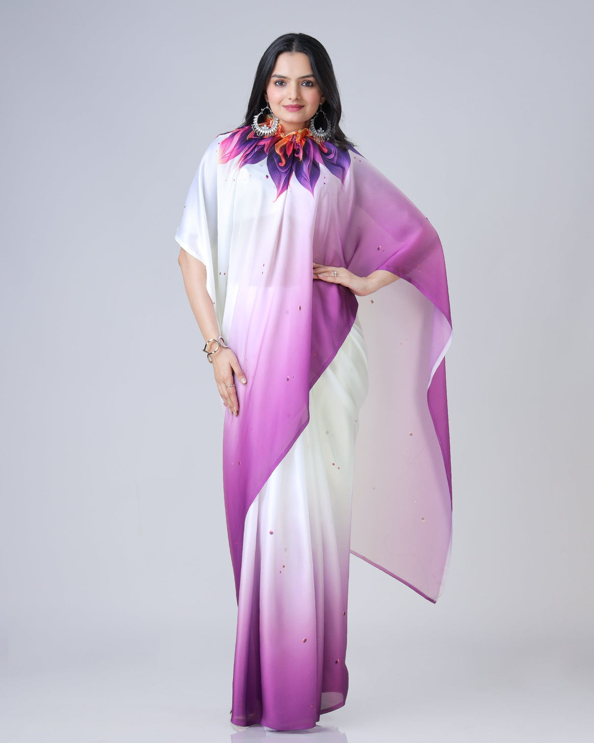 Soft Peach Designer Freehand Mandala Print Saree in Georgette Satin – Ready to Wear