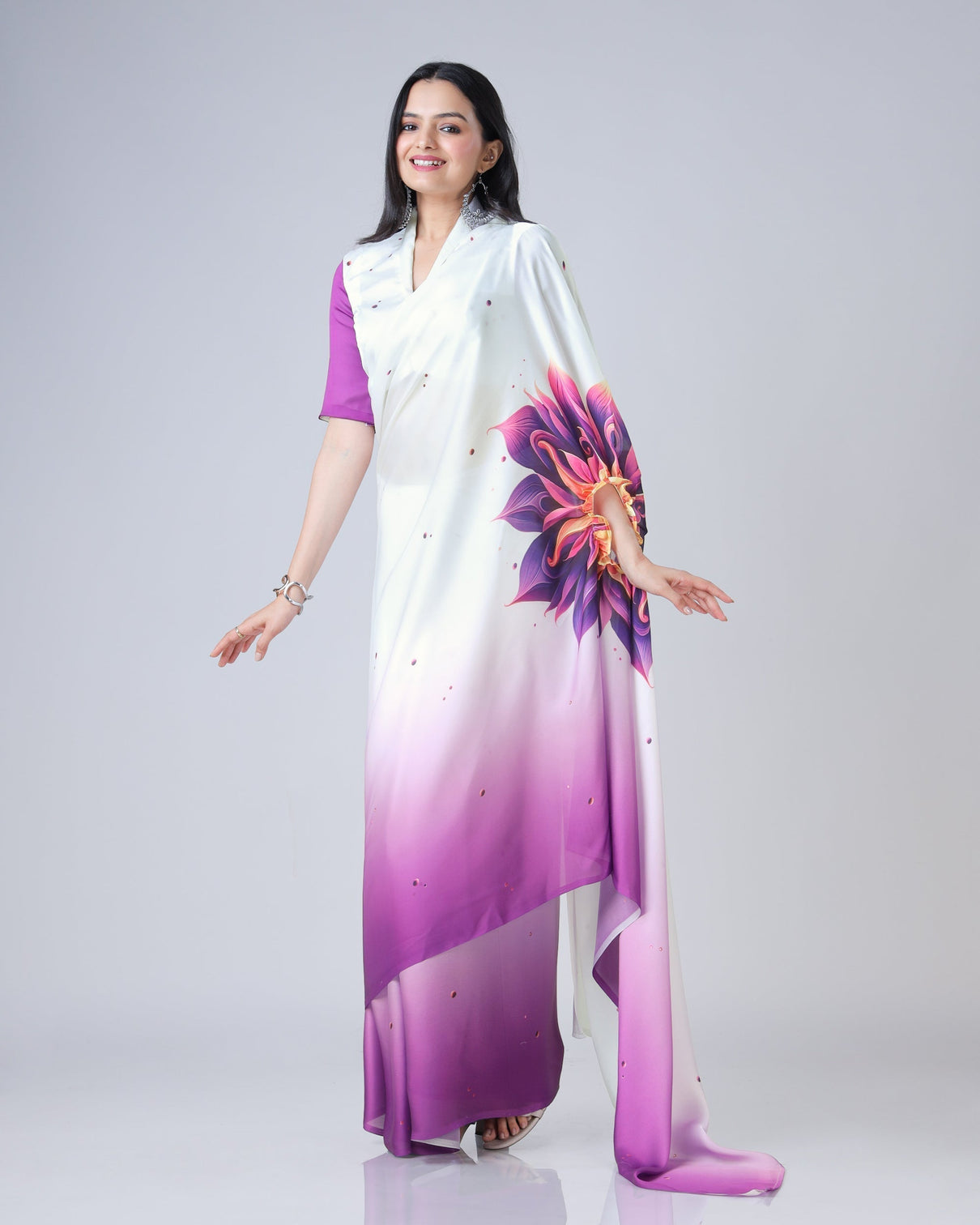 Soft Peach Designer Freehand Mandala Print Saree in Georgette Satin – Ready to Wear