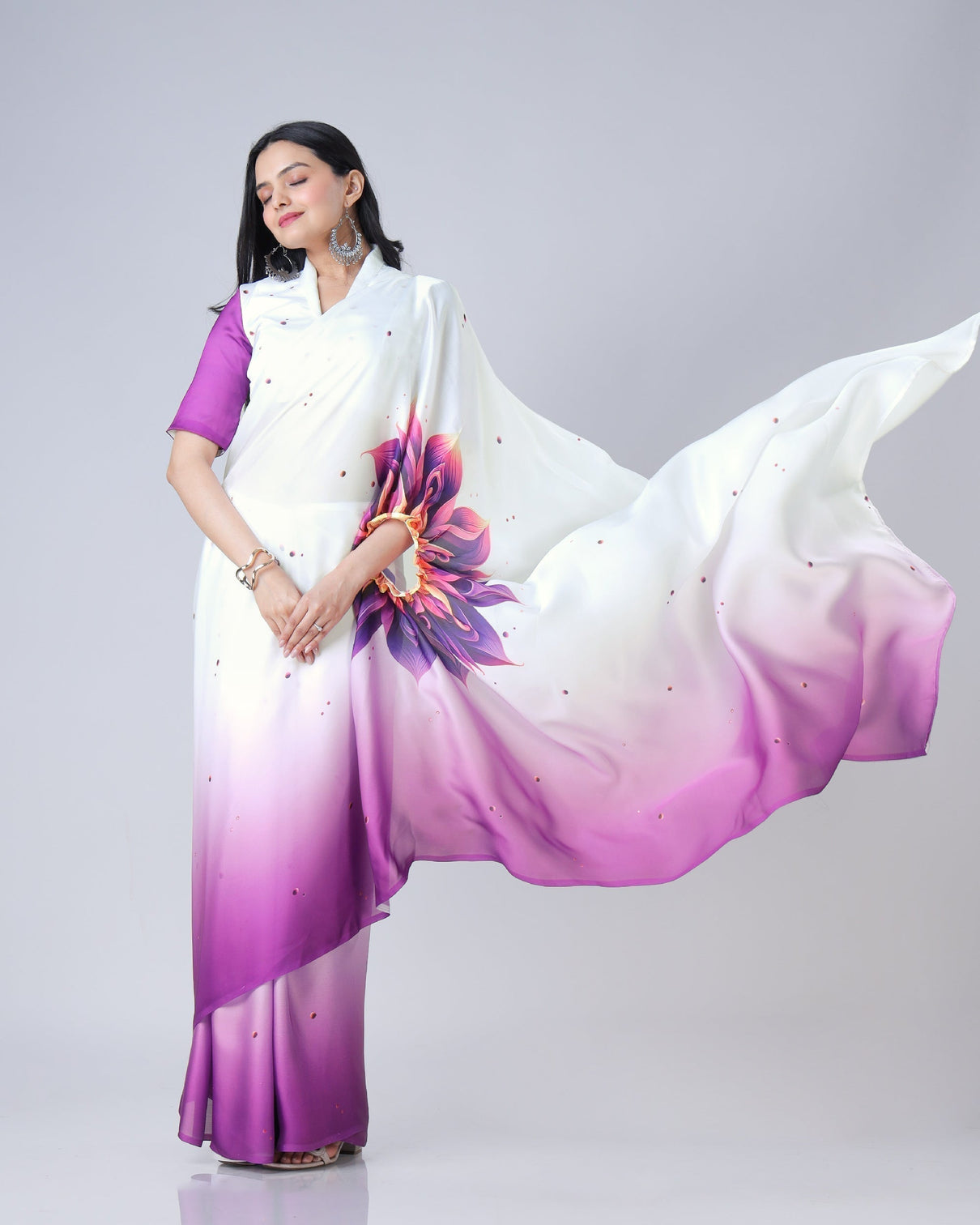 Soft Peach Designer Freehand Mandala Print Saree in Georgette Satin – Ready to Wear