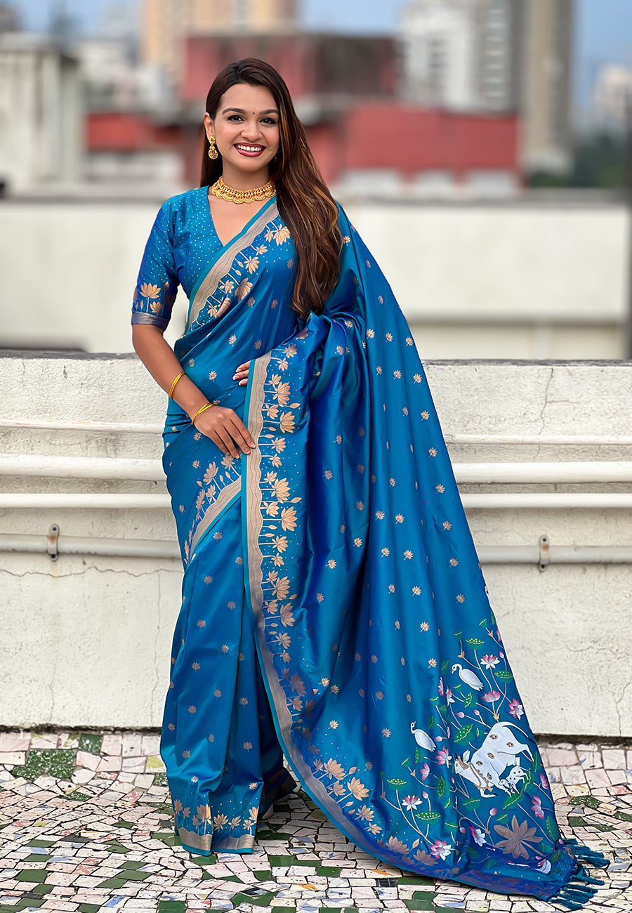 Blue zari woven pichwai silk saree