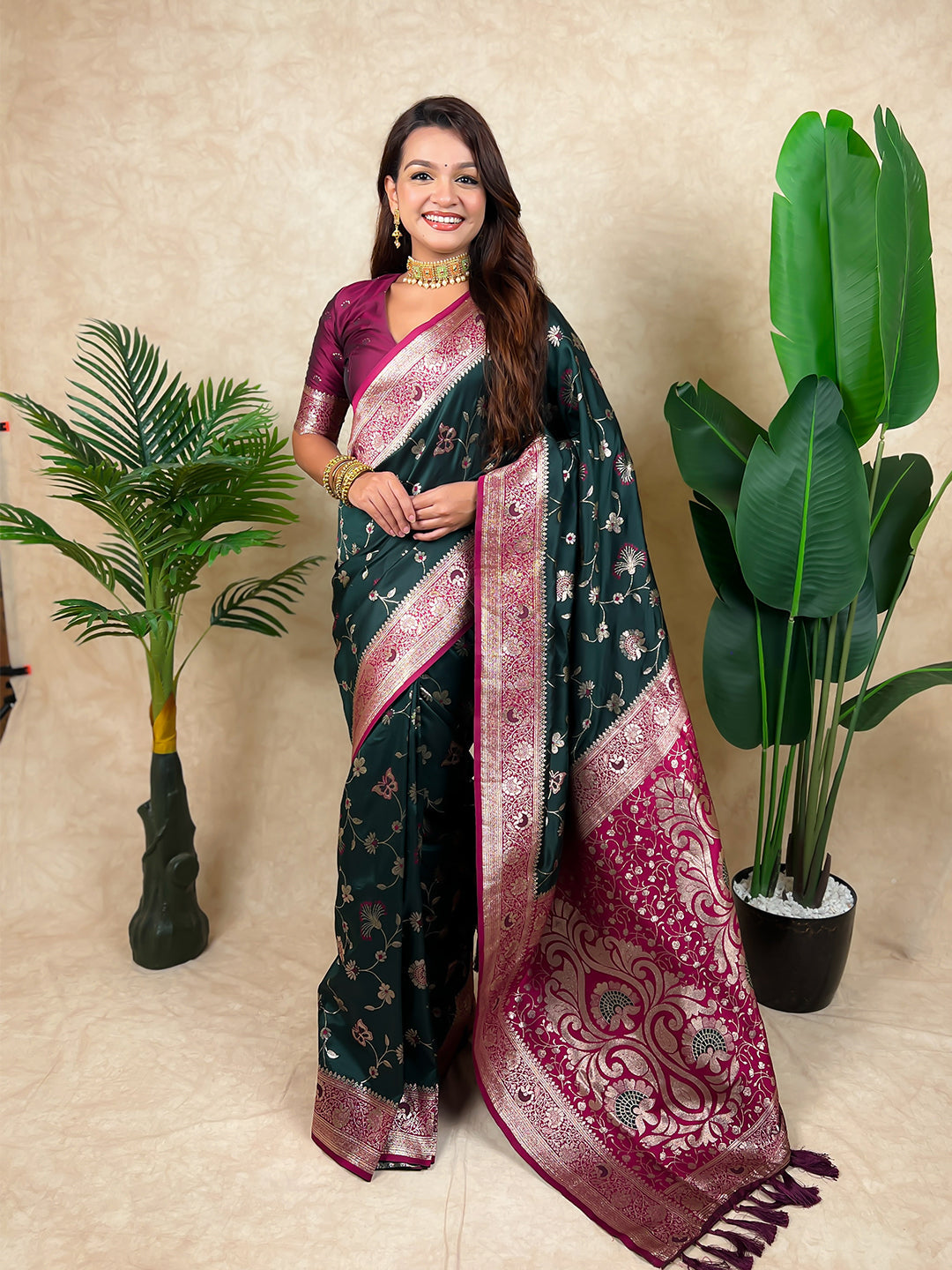 Bottle green banarasi jaal zari woven silk saree
