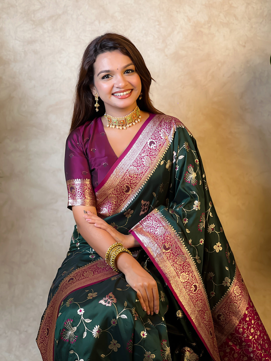 Bottle green banarasi jaal zari woven silk saree