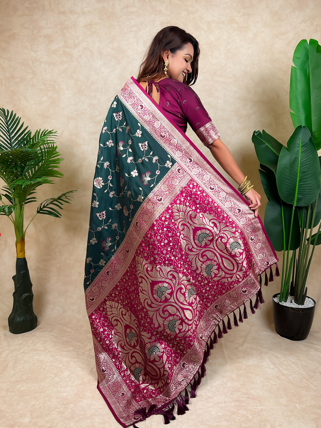 Bottle green banarasi jaal zari woven silk saree