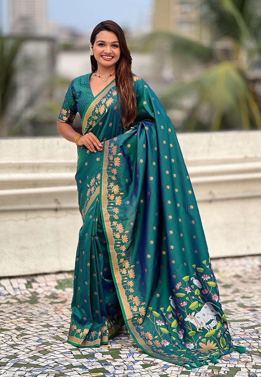 Green zari woven pichwai silk saree
