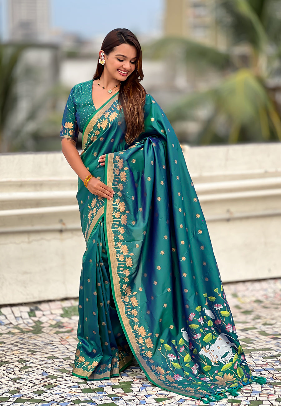 Green zari woven pichwai silk saree