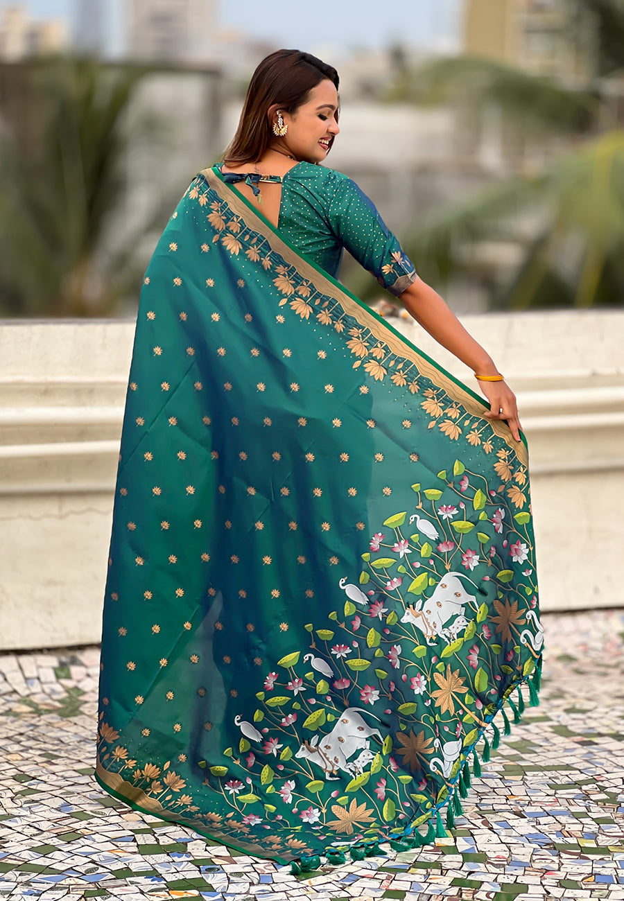 Green zari woven pichwai silk saree