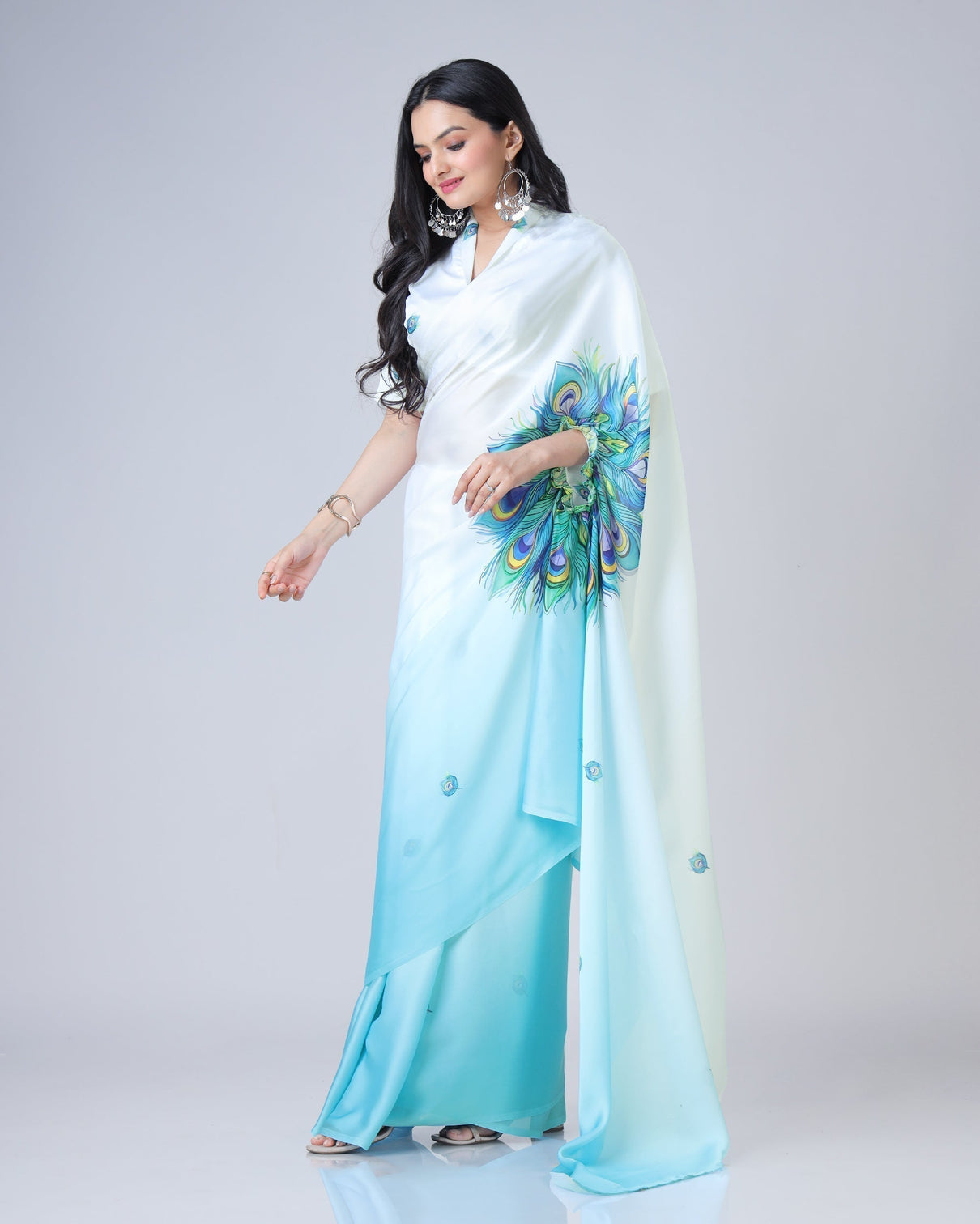 Elegant Sky Blue & White Peacock Feather Print Freehand Saree in Georgette Satin – Ready to Wear