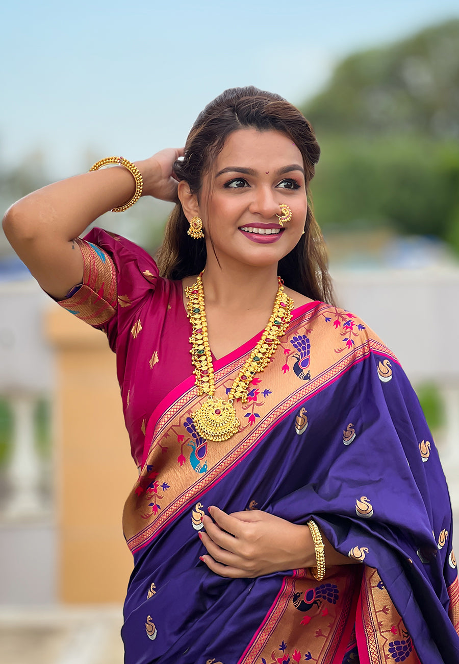 Violet contrast zari woven chandrakor swan yeola paithani silk saree