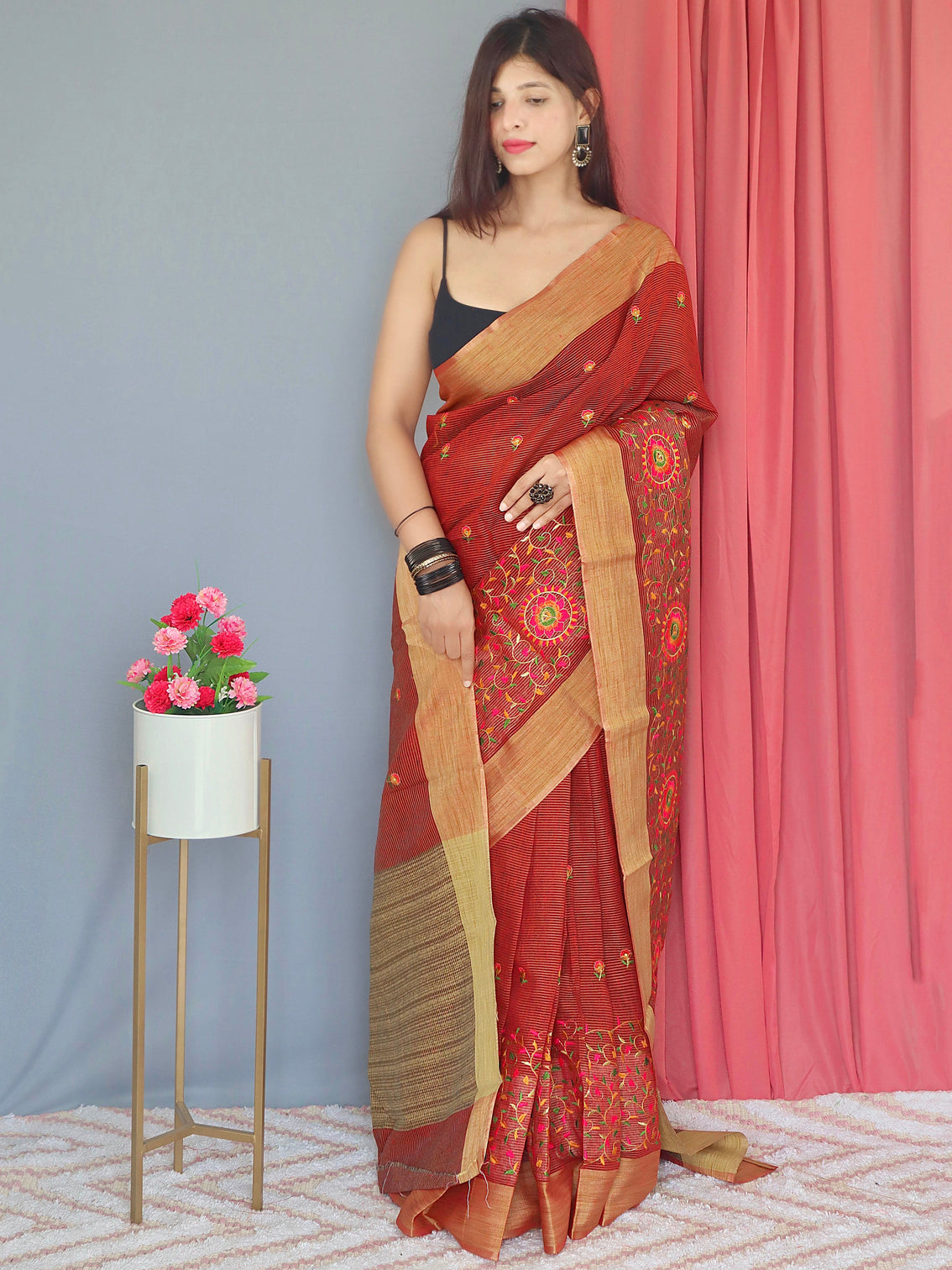 Red Brown Saree in Cotton Linen Multicolor Threadwork Embroidered