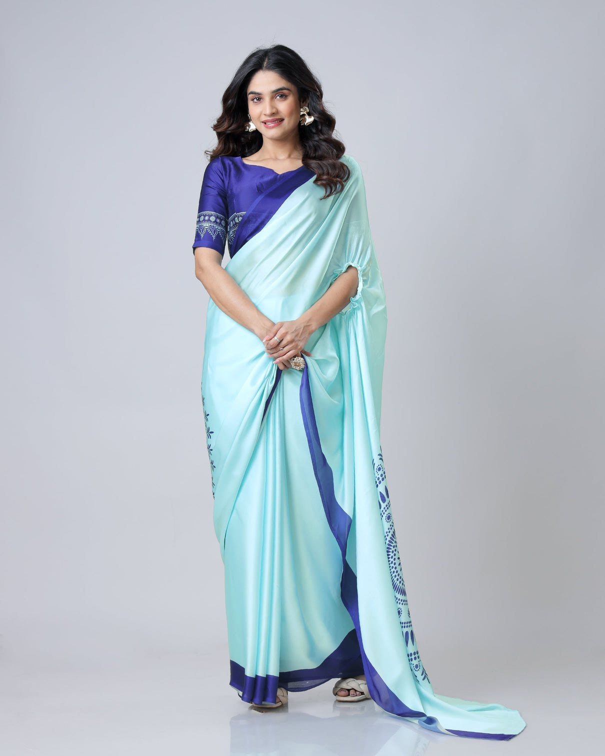 Aqua Blue & Navy Mandala Print Freehand Georgette Satin Saree – Elegant Designer Drape with Ready-to-Wear Finish
