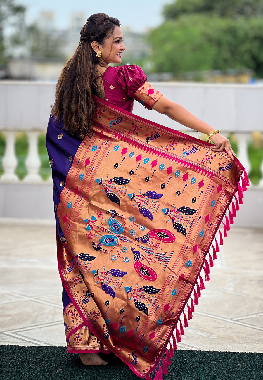 Violet contrast zari woven chandrakor swan yeola paithani silk saree