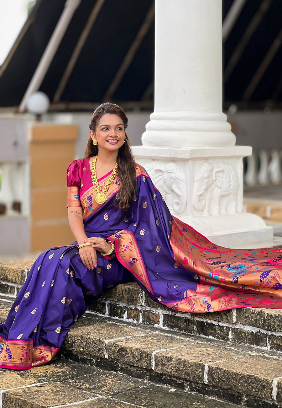 Violet contrast zari woven chandrakor swan yeola paithani silk saree
