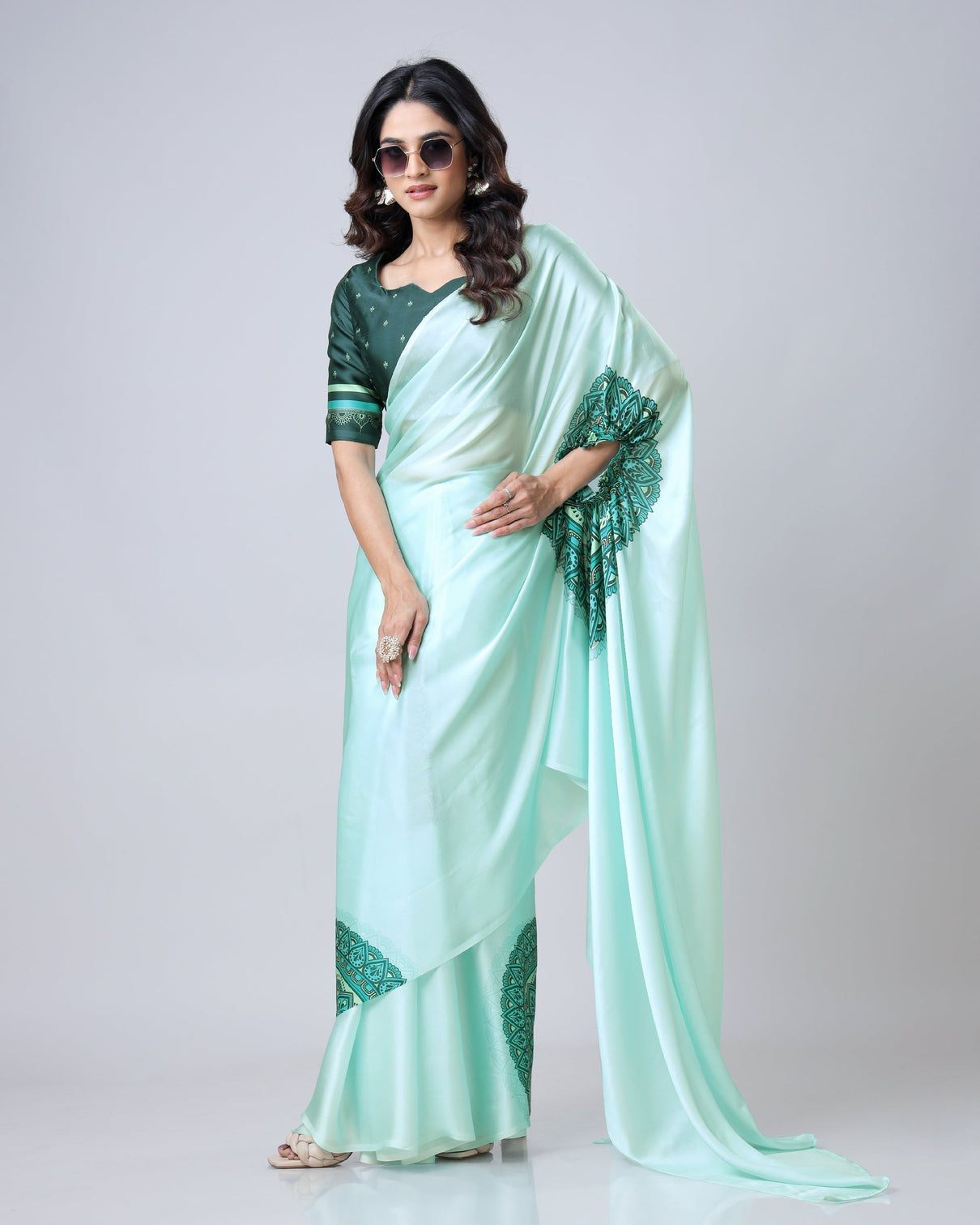 Mint Green Designer Freehand Mandala Print Saree in Georgette Satin – Elegant Ready-to-Wear Drape
