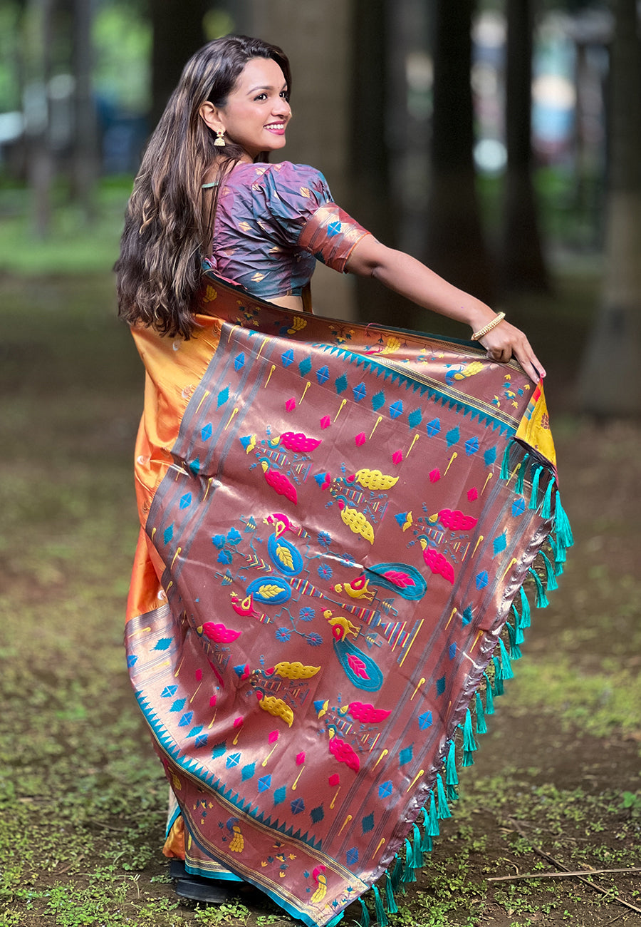 Orange contrast zari woven chandrakor swan yeola paithani silk saree