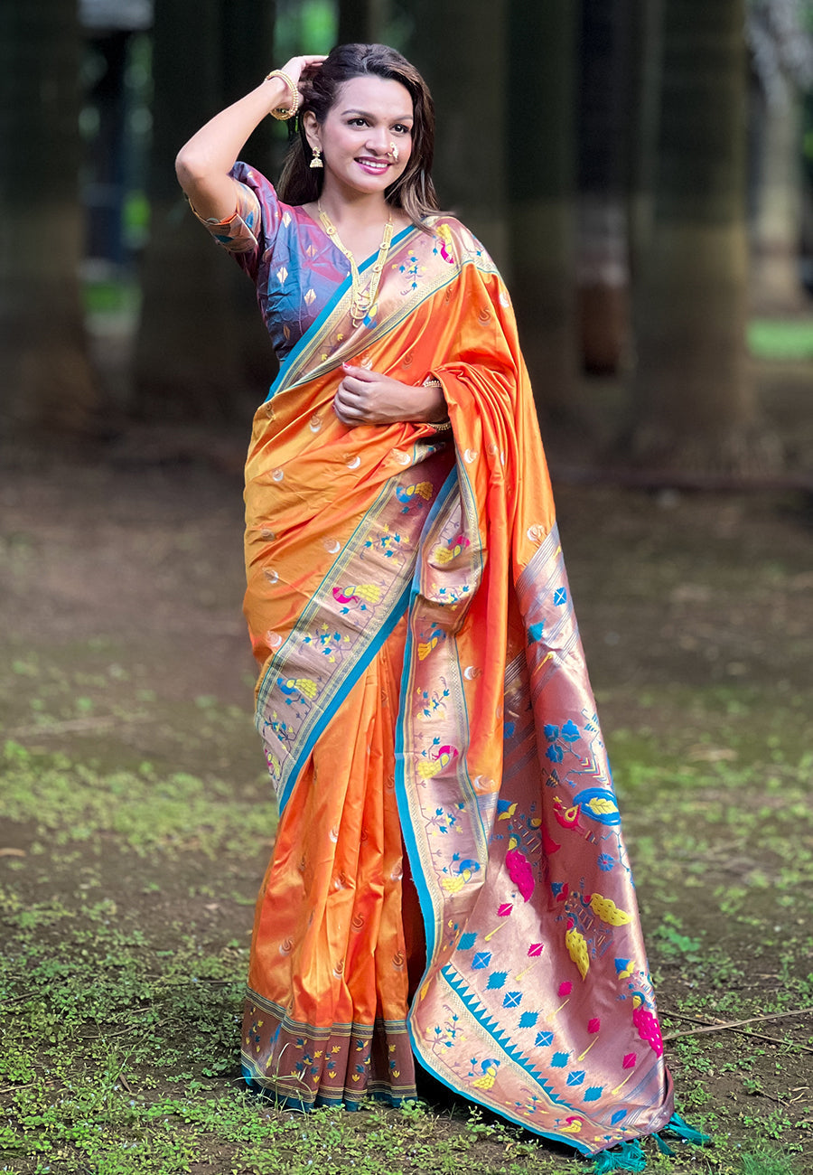 Orange contrast zari woven chandrakor swan yeola paithani silk saree