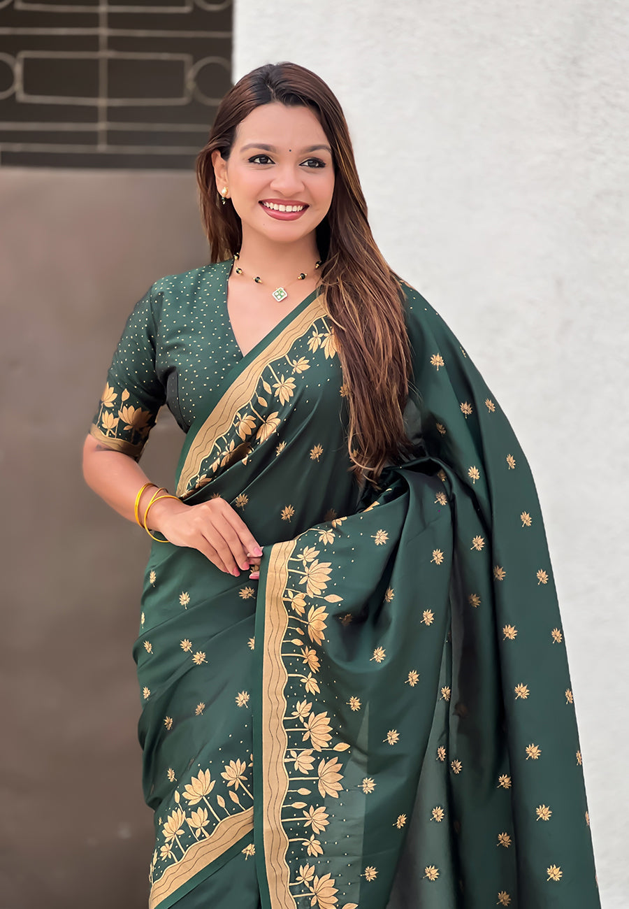 Bottle green zari woven pichwai silk saree