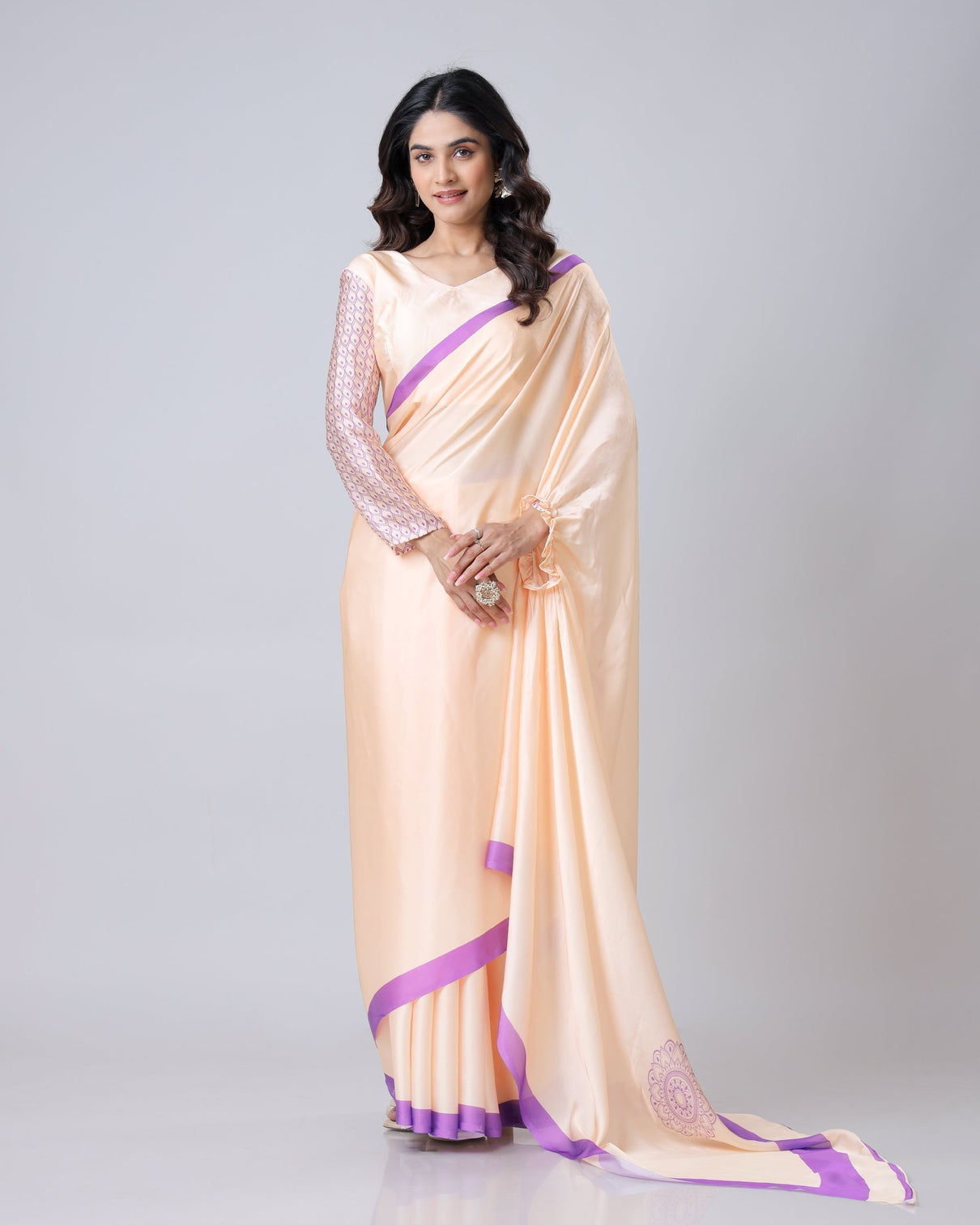 Peach & Lavender Mandala Print Georgette Satin Designer Freehand Saree – Elegant Ready-to-Wear Saree with Blouse