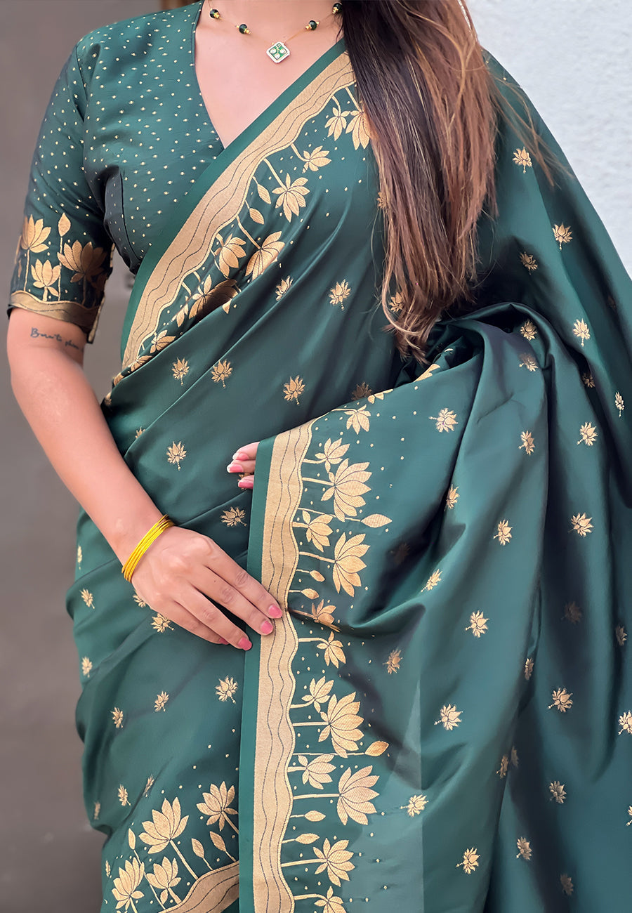 Bottle green zari woven pichwai silk saree
