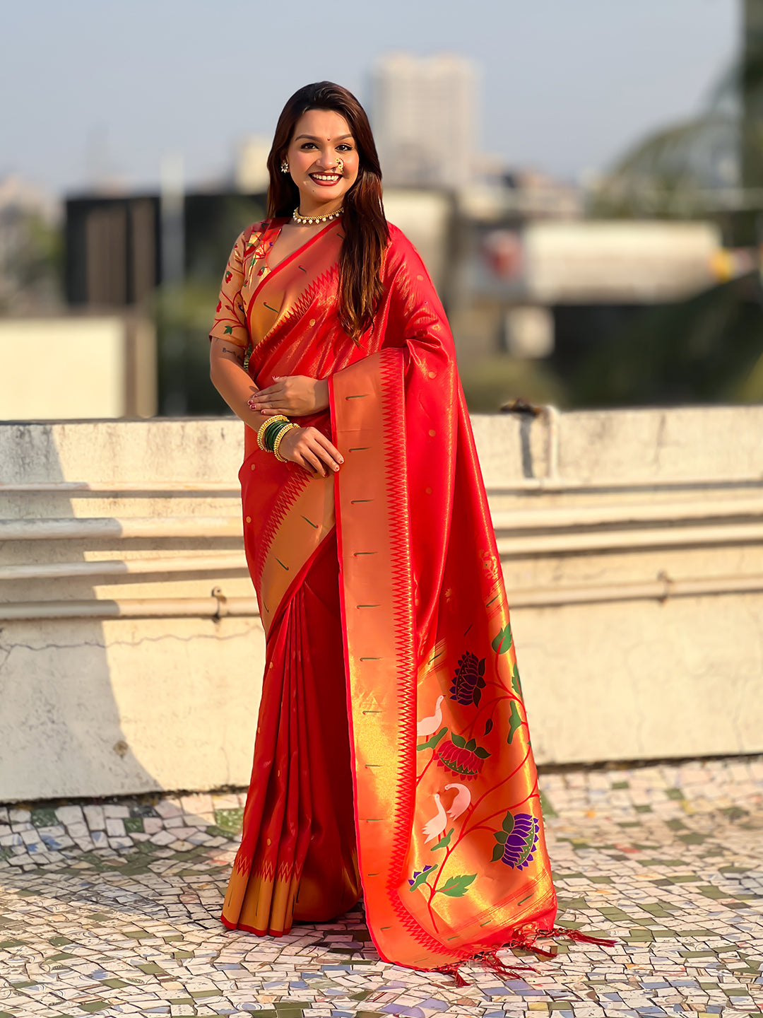 Red tissue paithani zari woven saree