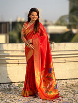 Red Tissue Paithani Zari Woven Saree
