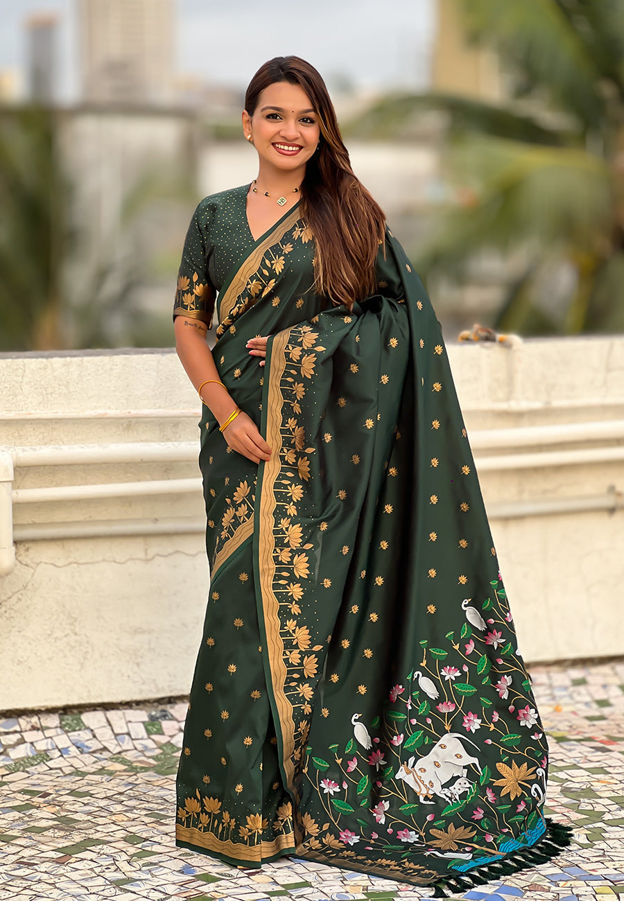 Bottle green zari woven pichwai silk saree