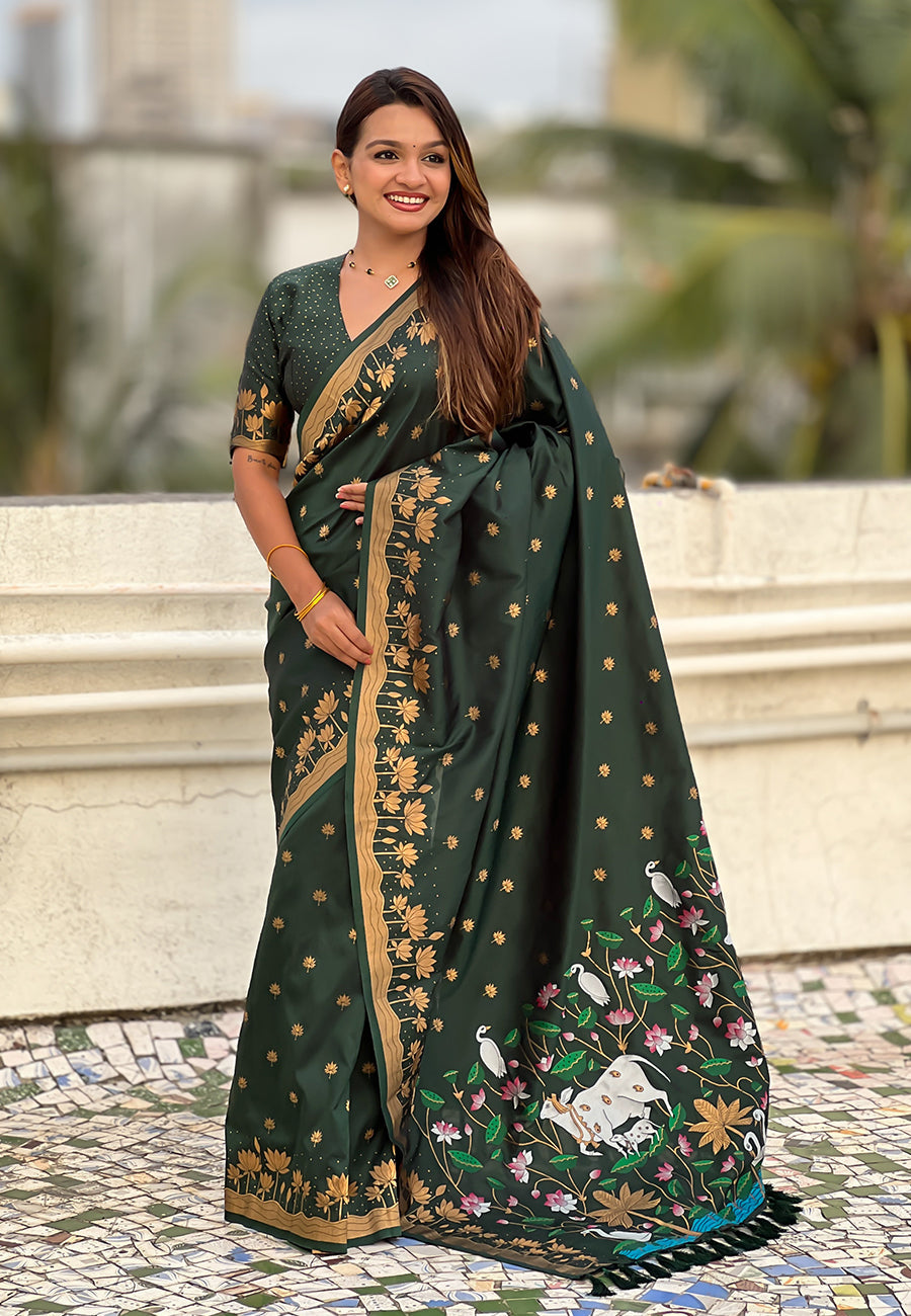 Bottle green zari woven pichwai silk saree
