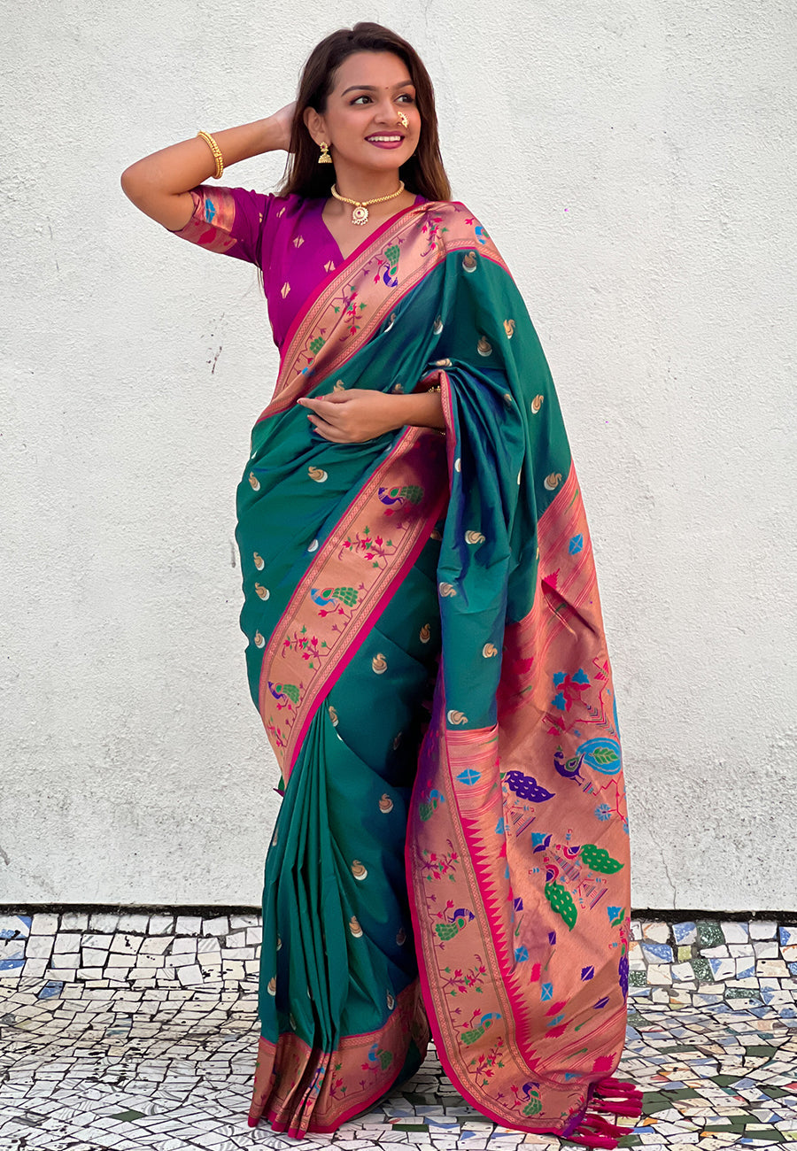 Green contrast zari woven chandrakor swan yeola paithani silk saree