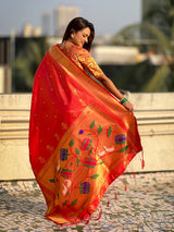 Red Tissue Paithani Zari Woven Saree