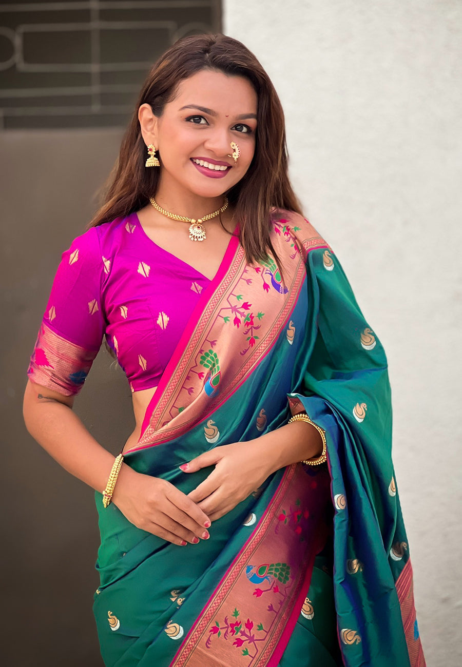 Green contrast zari woven chandrakor swan yeola paithani silk saree