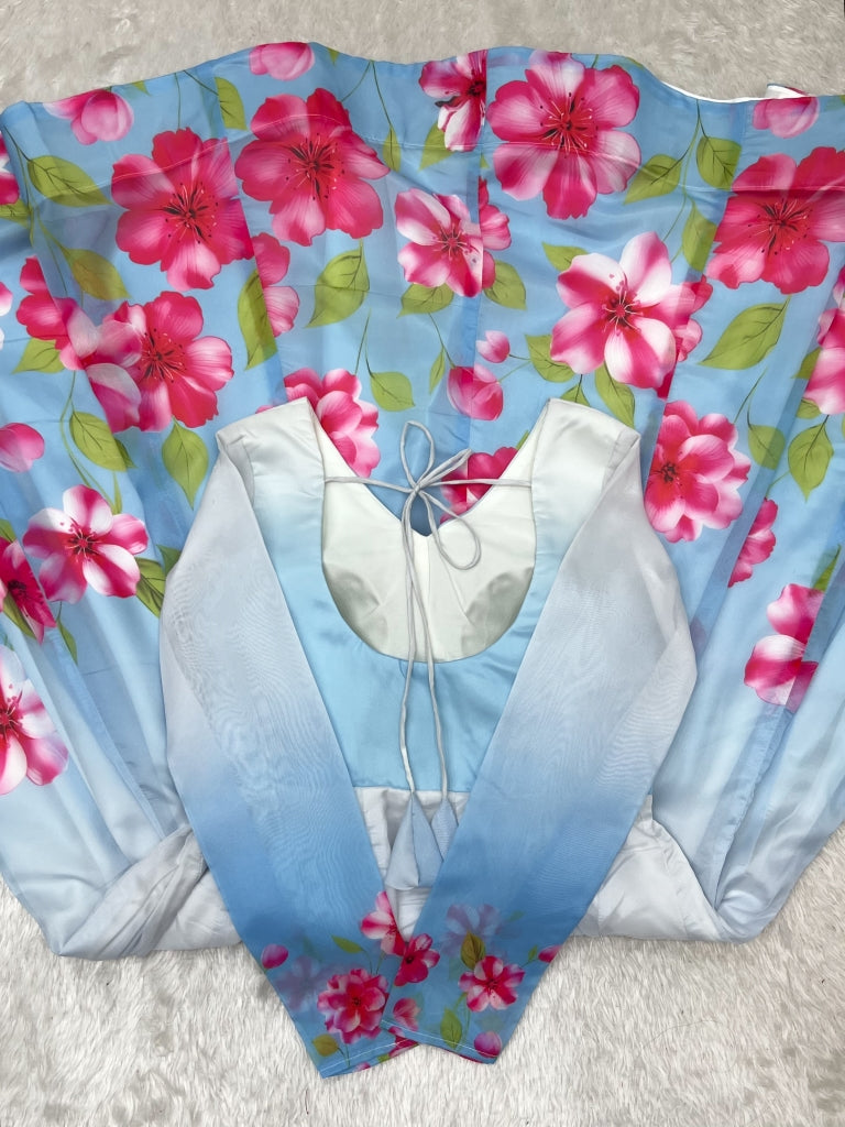 Sky Blue Floral Print Organza Silk Anarkali