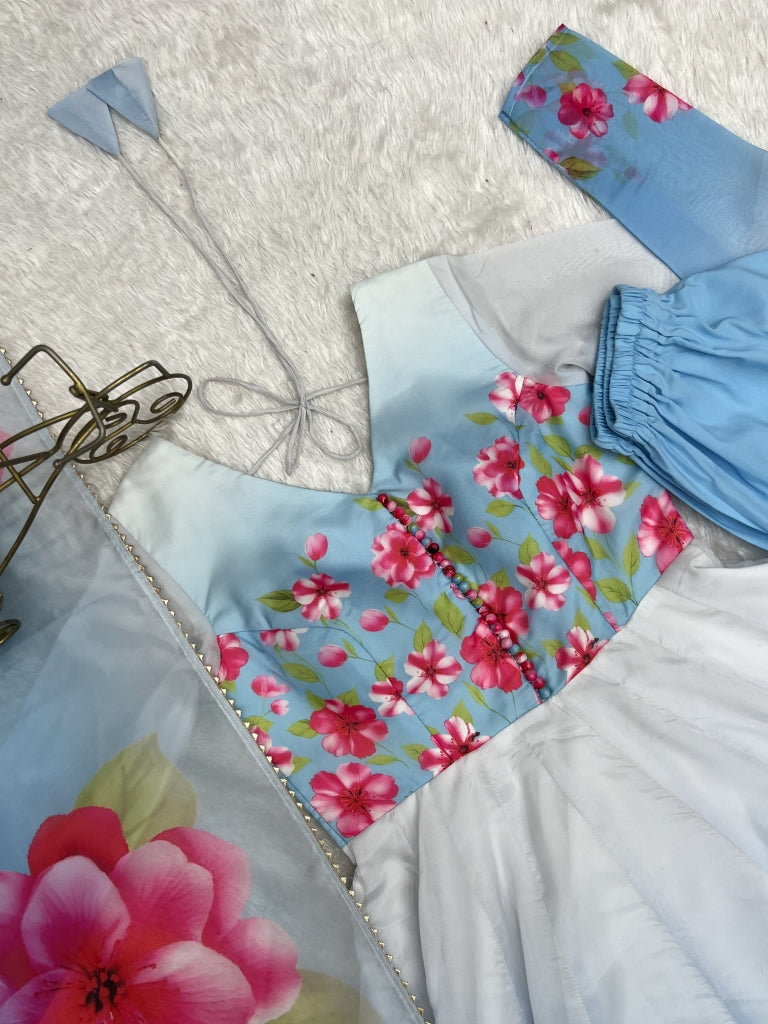 Sky Blue Floral Print Organza Silk Anarkali