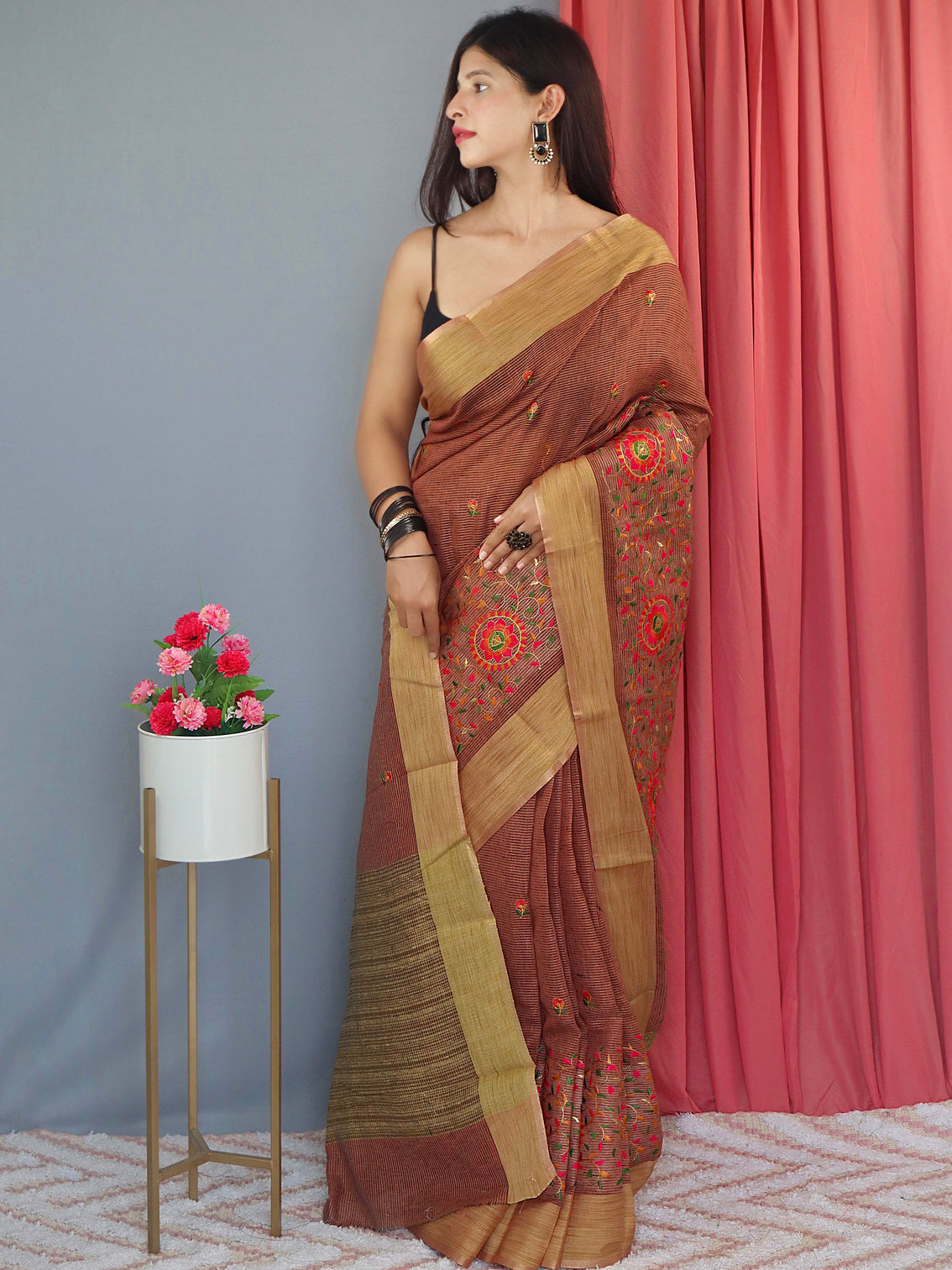 Sanguine Brown Saree in Cotton Linen Multicolor Threadwork Embroidered