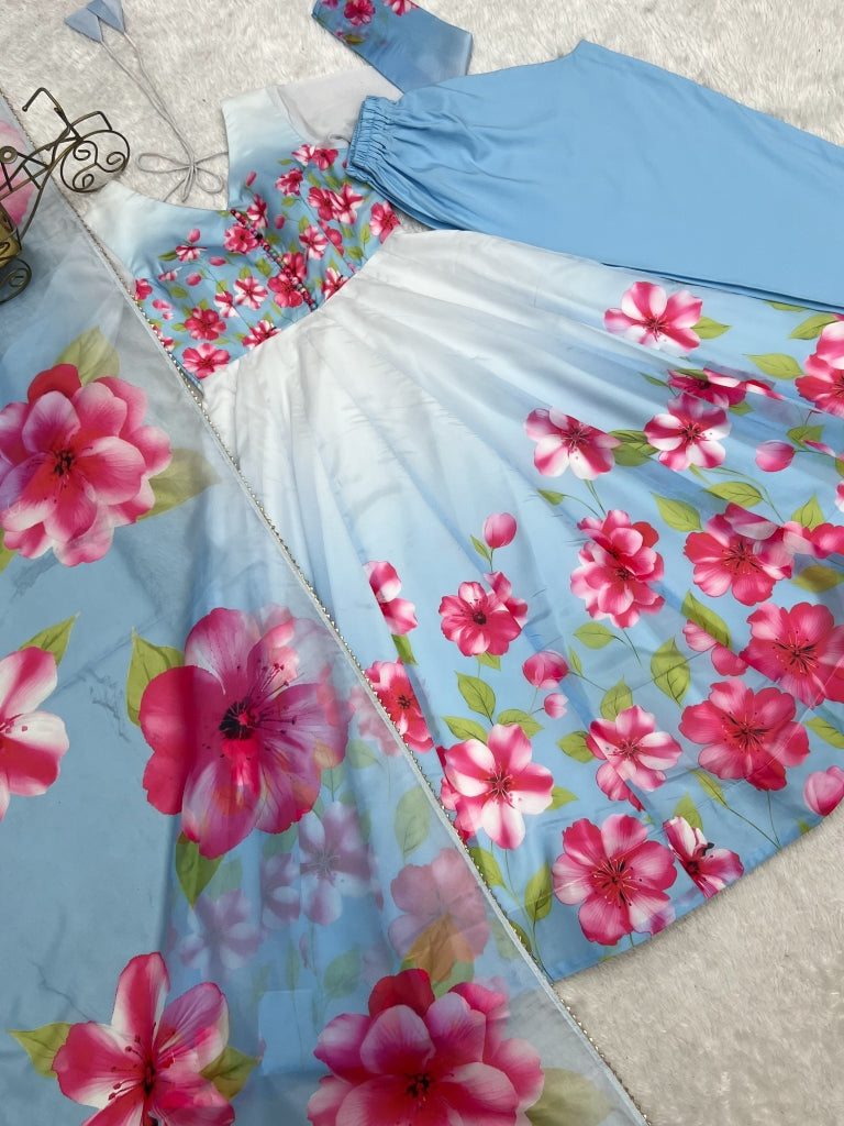 Sky Blue Floral Print Organza Silk Anarkali