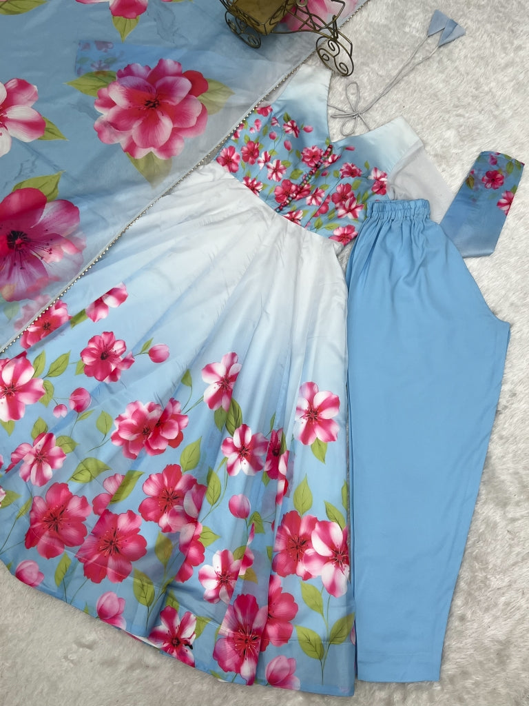 Sky Blue Floral Print Organza Silk Anarkali