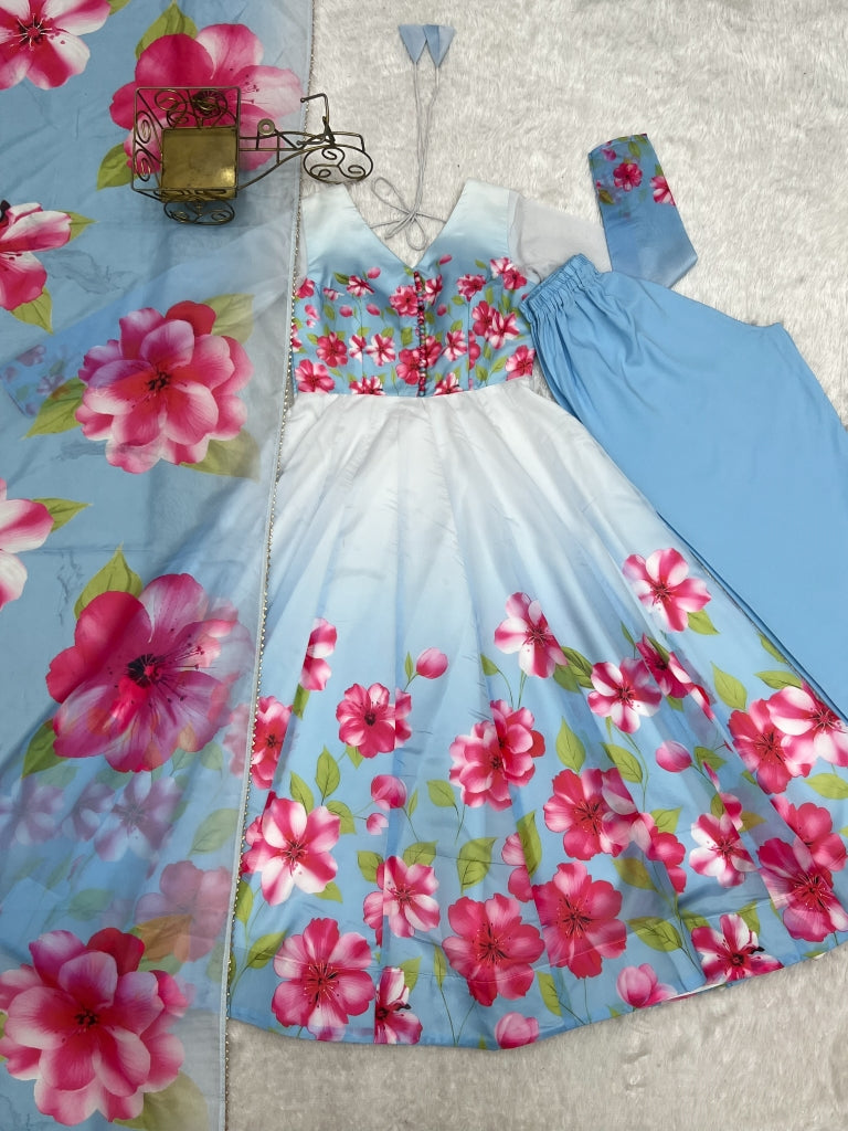 Sky Blue Floral Print Organza Silk Anarkali