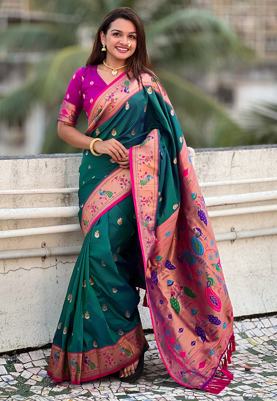 Green contrast zari woven chandrakor swan yeola paithani silk saree