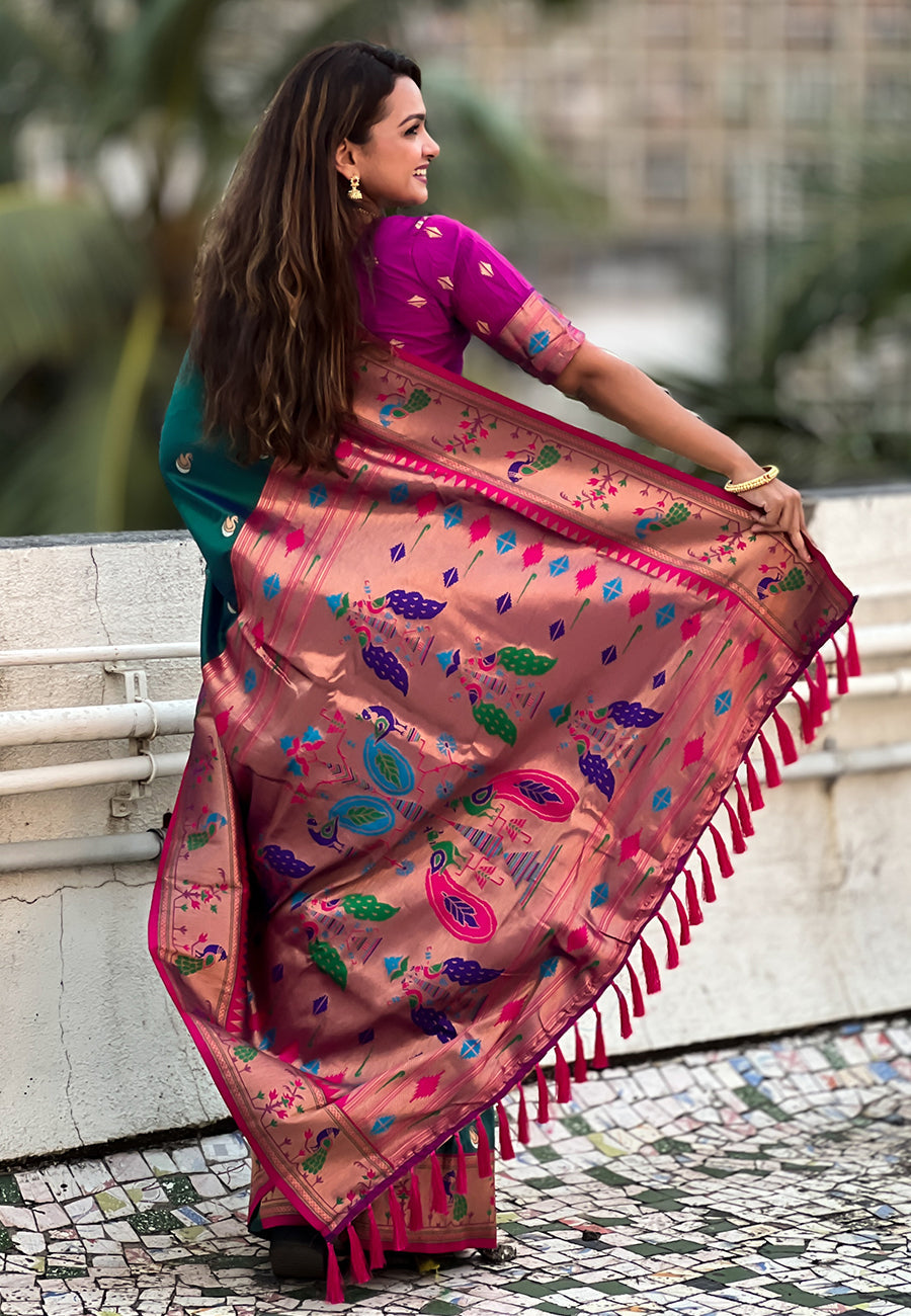 Green contrast zari woven chandrakor swan yeola paithani silk saree