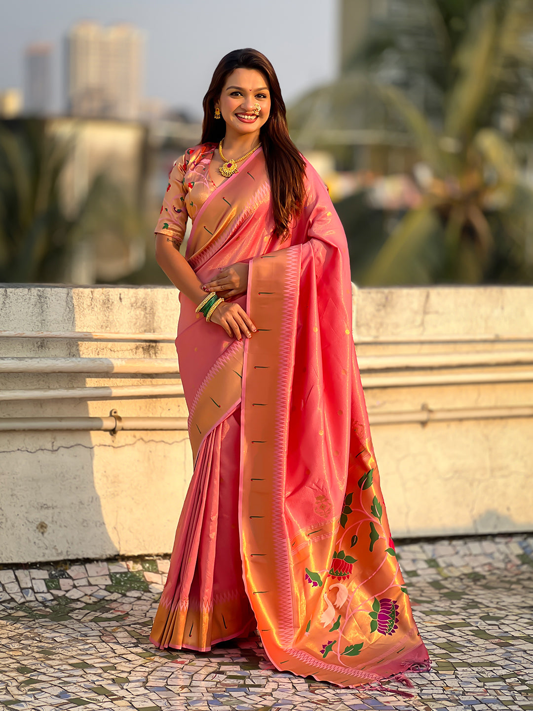 Baby Pink Tissue Paithani Zari Woven Saree